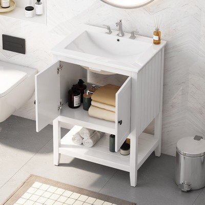 Rbied 24 in. W Single Sink Freestanding Bath Vanity in White with White Ceramic Top and Open Shelf Unassembled