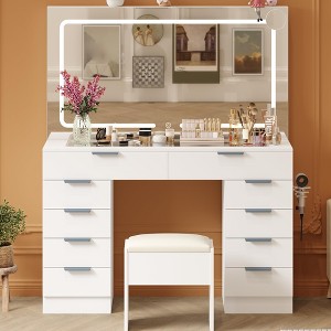 Makeup Vanity Desk with Mirror, 45"W Dressing Table with 10 Drawers & Glass Tabletop, Makeup Vanity Table with Hairdryer Holder for Bedroom - 1 of 4