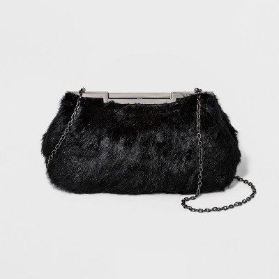 Estee & Lilly Bar Clasp Closure Faux Fur Frame Clutch - Black