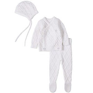 MiniMoi 3 Piece Baby Unisex "Simply Sweet" White 100% Cotton Knit Cardigan Set White NB - 1 of 4