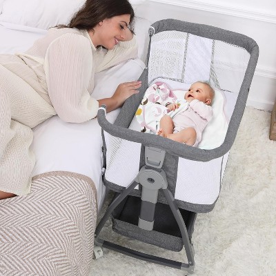 MYKKO 3 in 1 Baby Bassinet Bedside Sleeper with Mattress and Wheels, 5 Height Adjustable Bed Side Bassinets for Newborn, Gray Rocking Bassinet