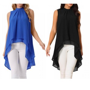 INSPIRE CHIC Women's Casual Tie Back Asymmetrical High Low Sleeveless Mock Neck Flowy Blouse 2 Packs - 1 of 4