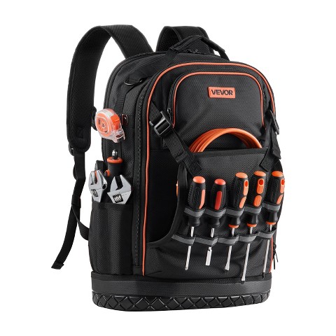 VEVOR Tool Backpack, 65 Pockets, Heavy-duty Tools Storage Organizer Work Bags with Laptop Compartment & Molded Base, Black+Orange