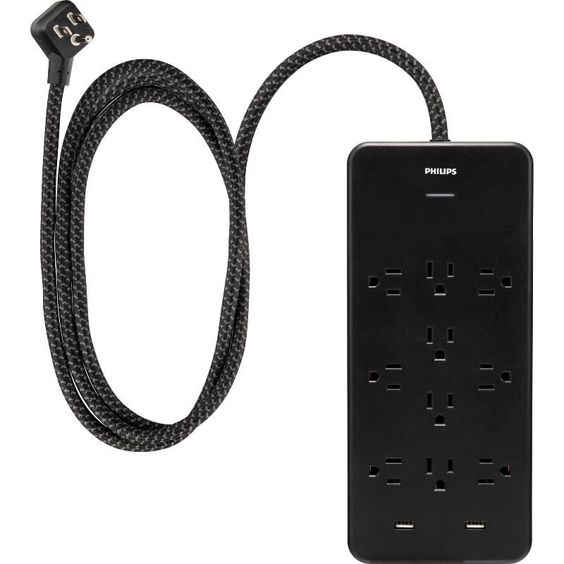 Philips 10-Outlet Surge 6&#39; Braided cord 2880J 2 USB-A - 2.4A Adapter-Spaced - Black, 1 of 10