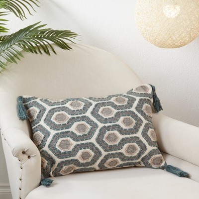Gray Geometric Cotton Pillow Cover with Tassels, 16"x24"