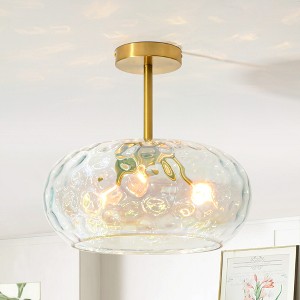 Rennnsan Alaxe 14 in. 3-Light Modern Gold Ceiling Light Drum Iridescent Water Ripple Glass Semi-Flush Mount Light - 1 of 4