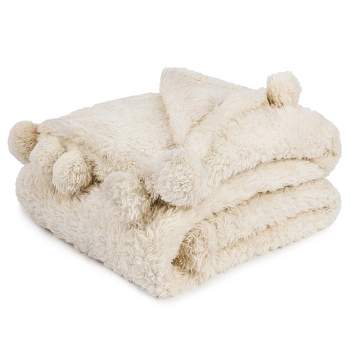 PAVILIA Fluffy Throw Blanket with Pompom, Lightweight Soft Plush Cozy Warm Pom Pom Fringe for Couch Sofa Bed