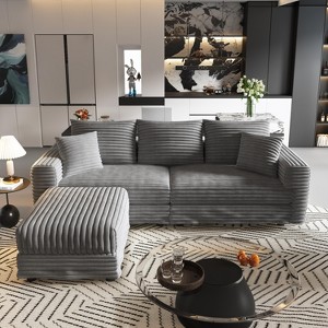 TiramisuBest 82.7" Plush Corduroy 3-Seat Sofa, Modern Deep Seat Cloud Couch with Soft Pillows & Ottoman, Convertible Lounge for Living,Grey - 1 of 4