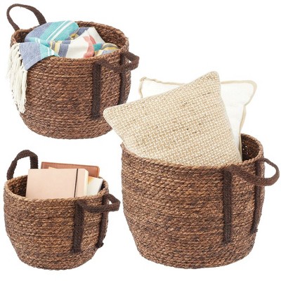 mDesign Hyacinth Braided Woven Pantry Bin Basket, Handles, 3 Pack,  Natural/Tan 