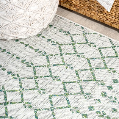 Green and Ivory Geometric Flat Woven Runner Rug