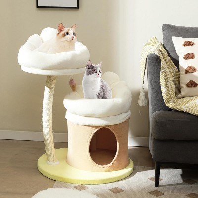33 Inch Beige and White Sisal Cat Tree with Faux Mink Perches