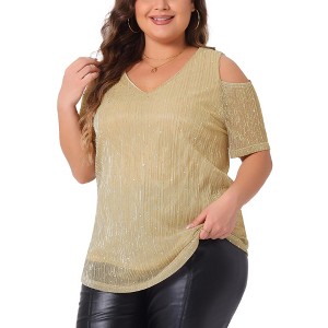 Agnes Orinda Women's Plus Size Sparkle Sequin Glitter Cold Shoulder Party Dressy Blouses - 1 of 4