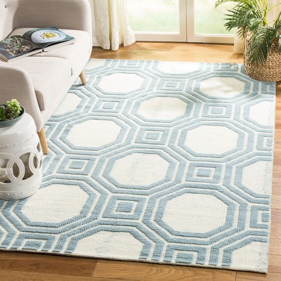 Ivory and Light Blue Geometric Wool 4' x 6' Area Rug