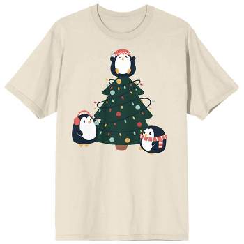 Christmas Critters Christmas Tree With Cartoon Penguins Crew Neck Short Sleeve Natural Unisex Adult T-shirt