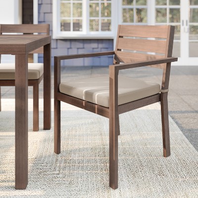 Brown Aluminum Patio Dining Armchair with Beige Cushions