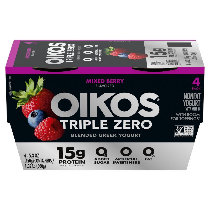 Oikos Triple Zero Mixed Berry Greek Yogurt - 4ct/5.3oz Cups, 3 of 15