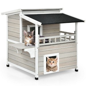 Costway 2-Story Wooden Patio Luxurious Cat Shelter House Condo w/ Large Balcony - 1 of 4