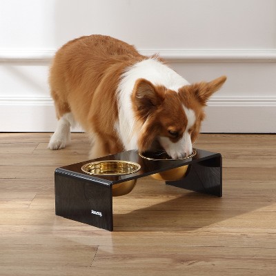 Keaton Black and Gold Modern Elevated Pet Feeder with Stainless Steel Bowls