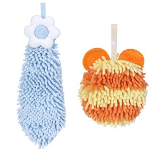 REGALWOVEN Soft Absorbent Cute Fuzzy Hanging Decorative Bathroom Chenille Hand Towel 6" x 15"/7" x 7" 2 Packs - 1 of 4