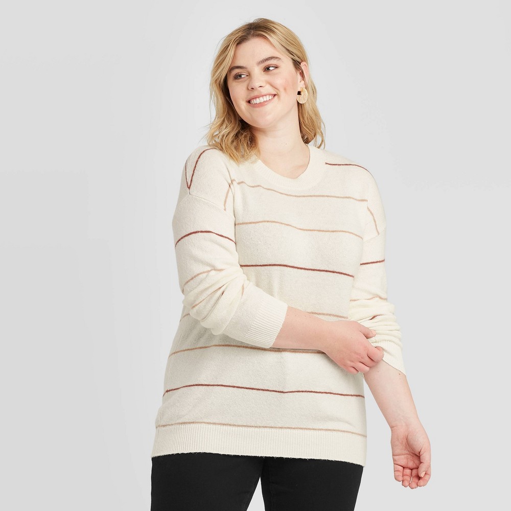 Women's Plus Size Crewneck Striped Pullover Sweater - Ava & Viv Cream X, Women's, Beige was $27.99 now $19.59 (30.0% off)