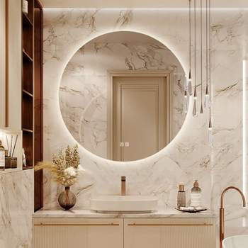 HOMLUX Dimmable Round Backlit Mirror with Memory, Auto-off Anti-fogging and 3 color Temperature for Bathroom