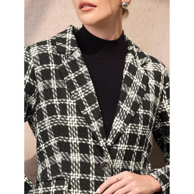 INSPIRE CHIC Women's Plaid Tweed Notched Lapel Long Sleeve One Button Suit Blazer Black Small — фото 4