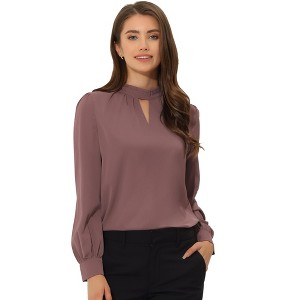 INSPIRE CHIC Women's Office Keyhole Elegant Stand Collar Long Sleeve Back Neck Button Blouse - 1 of 4