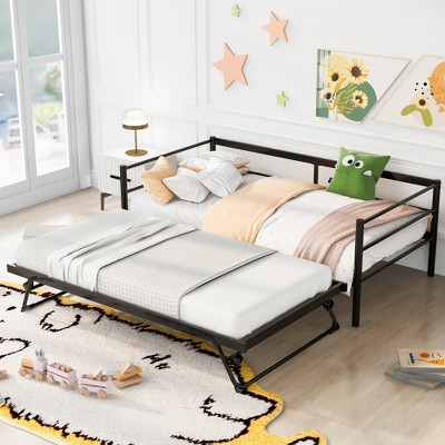 ALEXOUN Twin Daybed with Adjustable Trundle, Metal Daybed Frame with Pop Up Trundle, Heavy Duty Steel Slat Support Sofa Bed Frame,