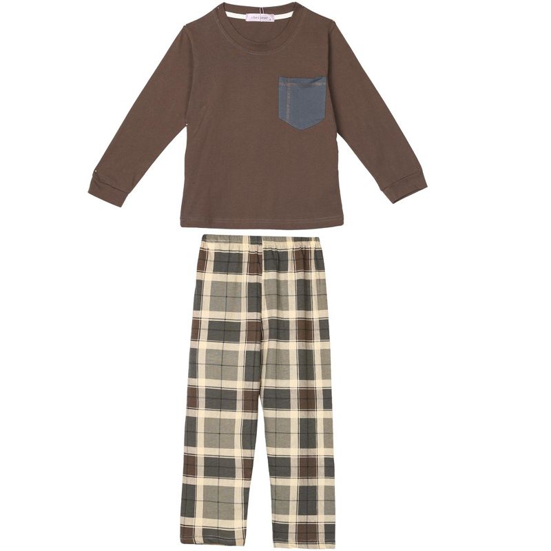 cheibear Sleepwear Long Sleeve with Pants Brown Plaid Family Pajama Sets, 2 of 5