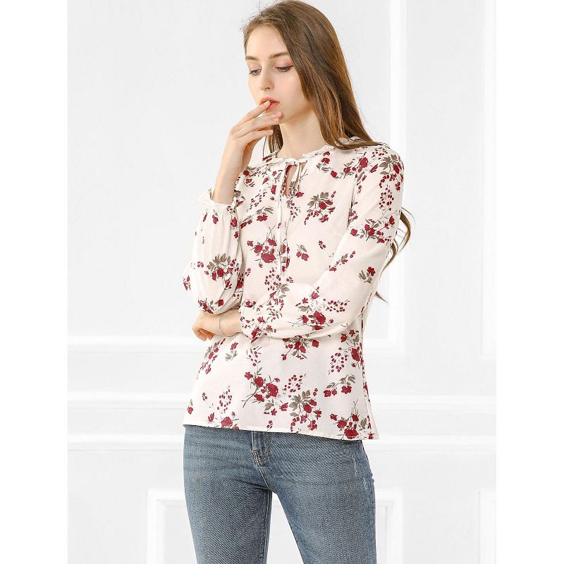 Allegra K Women's Floral Tie Neck Frilly Trim Long Sleeve Chiffon  Blouse, 4 of 7