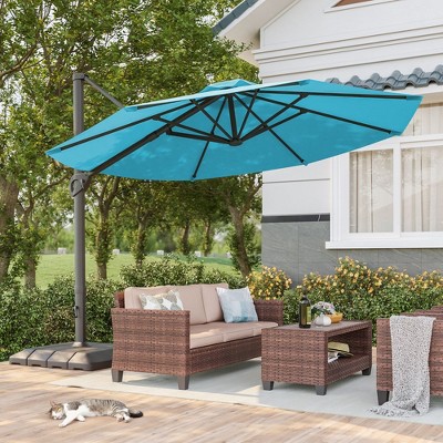 Sonkuki 11FT Outdoor Cantilever Patio Umbrella w/Base and Aluminium Pole, 360° Rotation and Infinite Canopy Angle Adjustment