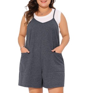 Agnes Orinda Women's Plus Size Sleeveless Round Neck with Pocket Spaghetti Strap Short Rompers - 1 of 4