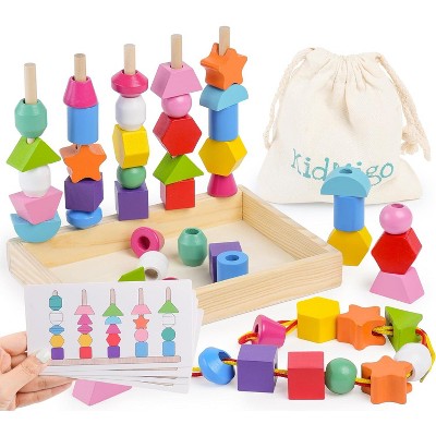 Montessori Toy Set with Stacking Blocks and Lacing Beads, Includes Storage Bag for Ages 3-5