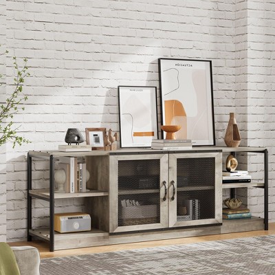 Homhougo Farmhouse TV Stand for 75/80 Inch TVs, Industrial Entertainment Center With Double Mesh Doors Grey