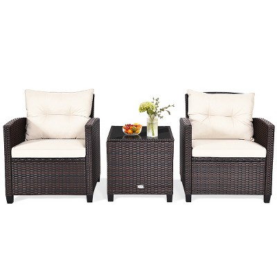 Tangkula 3PCS Wicker Cushioned Conversation Set Outdoor Rattan Furniture w/Beige/Red/Black/Navy/Off White/Turquoise  Cushions
