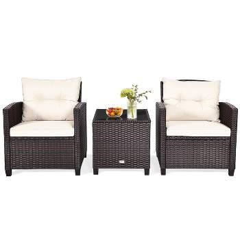 Tangkula 3PCS Wicker Cushioned Conversation Set Outdoor Rattan Furniture w/Beige/Red/Black/Navy/Off White/Turquoise  Cushions