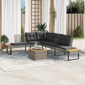 vidaXL 2 Piece Patio Sofa Set with Cushions Outdoor Poly Rattan and Acacia - Gray Non-Adjustable Tabletop - 1 of 4