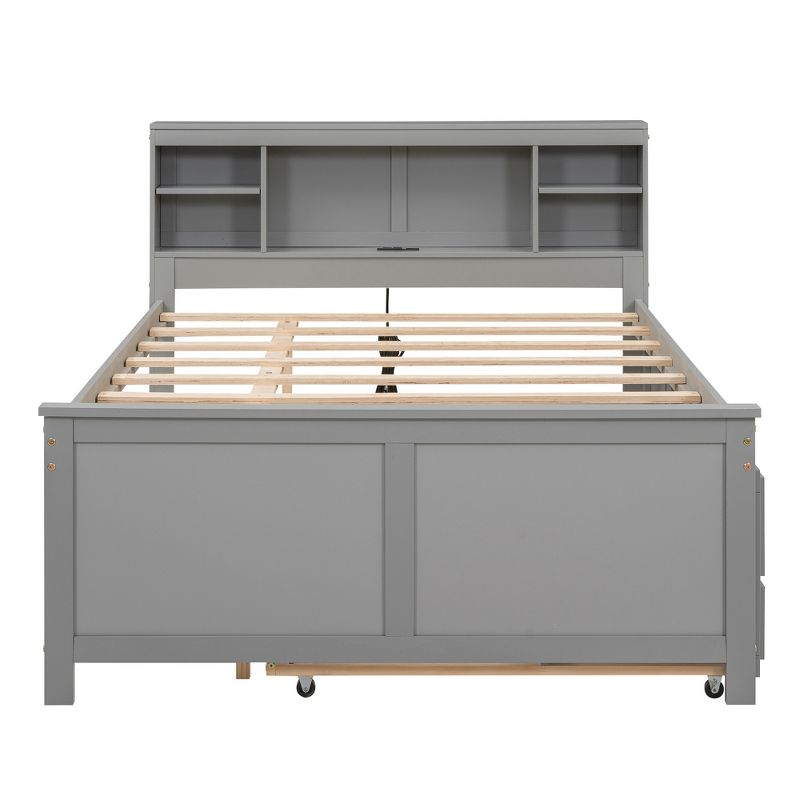 Full/Twin Size Wood Platform Bed with Storage Headboard, USB, Trundle Bed and 3 Drawers-ModernLuxe, 5 of 15
