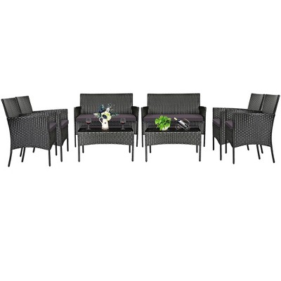 Tangkula 8PCS Rattan Furniture Set Cushioned Sofa Coffee Table Backyard Porch Patio Grey