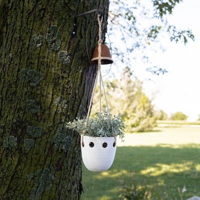 White Terracotta Round Hanging Planter with Jute Hanger