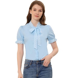 Allegra K Women's Embroidered Bow Tie Neck Puff Sleeve Office Work Shirt - 1 of 4