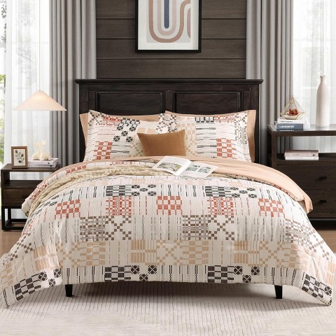 Der Rose BALHAM TRADE-7 Pieces All Season Lightweight Queen Size Comforter Set Classic Plaid Bed in a Bag Beige Brown-Queen 90"x90"
