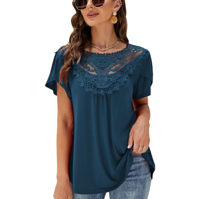 Summer Blouse For Women Lace Petal Sleeve Tops Short Sleeve Pleated Shirt Loose A Line Tshirts