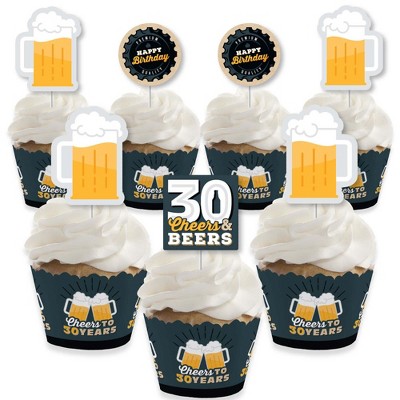 Big Dot of Happiness Cheers and Beers to 30 Years - Cupcake Decoration - 30th Birthday Party Cupcake Wrappers and Treat Picks Kit - Set of 24