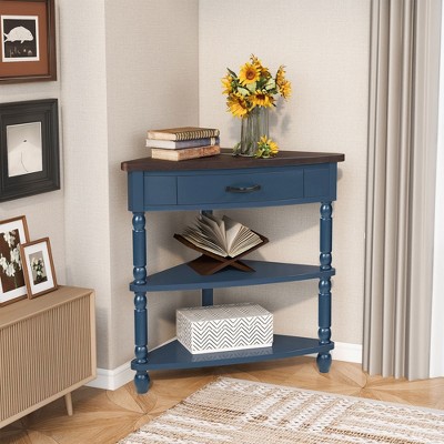 NicBex 33.8" Small Triangle Corner End Table, Wood Corner Side Table for Small Spaces, 3 Tier End Corner Table with Solid Wood Legs, Milk White