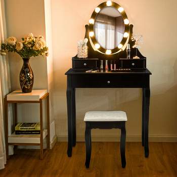 Costway Bedroom Vanity Set Makeup Dressing Table w/3 Drawers 10 LED Bulb Black