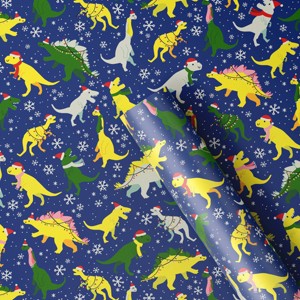 30” 125 sq ft Christmas Roll Wrap Dinosaurs on Blue - Wondershop™ - 1 of 3