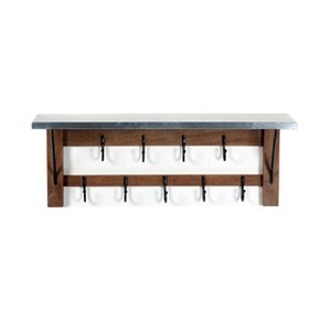 Millwork Double Row Hook Shelf Wood and Zinc Metal Silver/Light Amber - Alaterre Furniture: Mango Wood, 9-Hook Storage Rack - 1 of 4