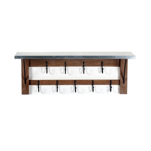 Outdoor Industrial Acacia and Iron Bench with Shelf and Coat Hooks