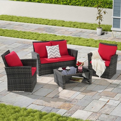 4 Piece Outdoor Patio Furniture Set, Wicker Conversation Set, Outdoor Chairs and Loveseat with Cushion & Coffee Table for Garden Poolside